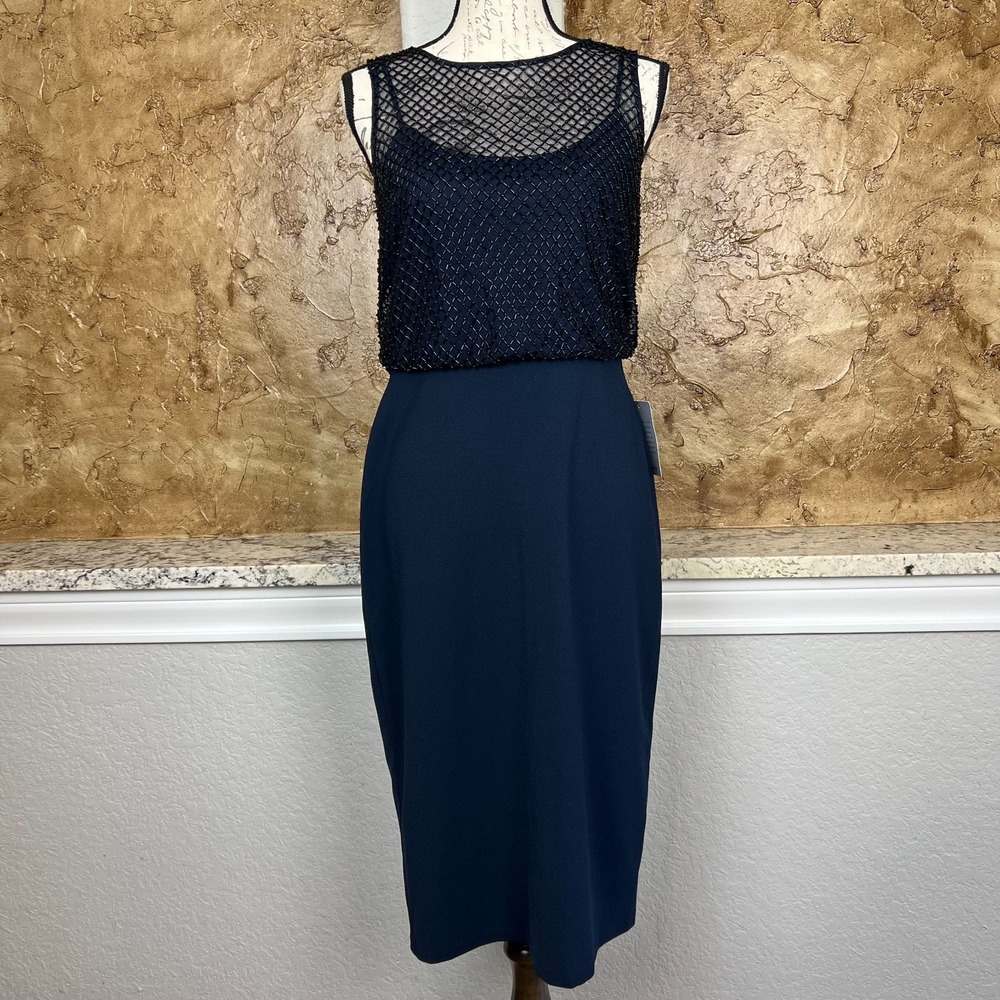 NWT Adrianna Papell Beaded Short Dress Womens 4 Embellished Cocktail Sheath Navy